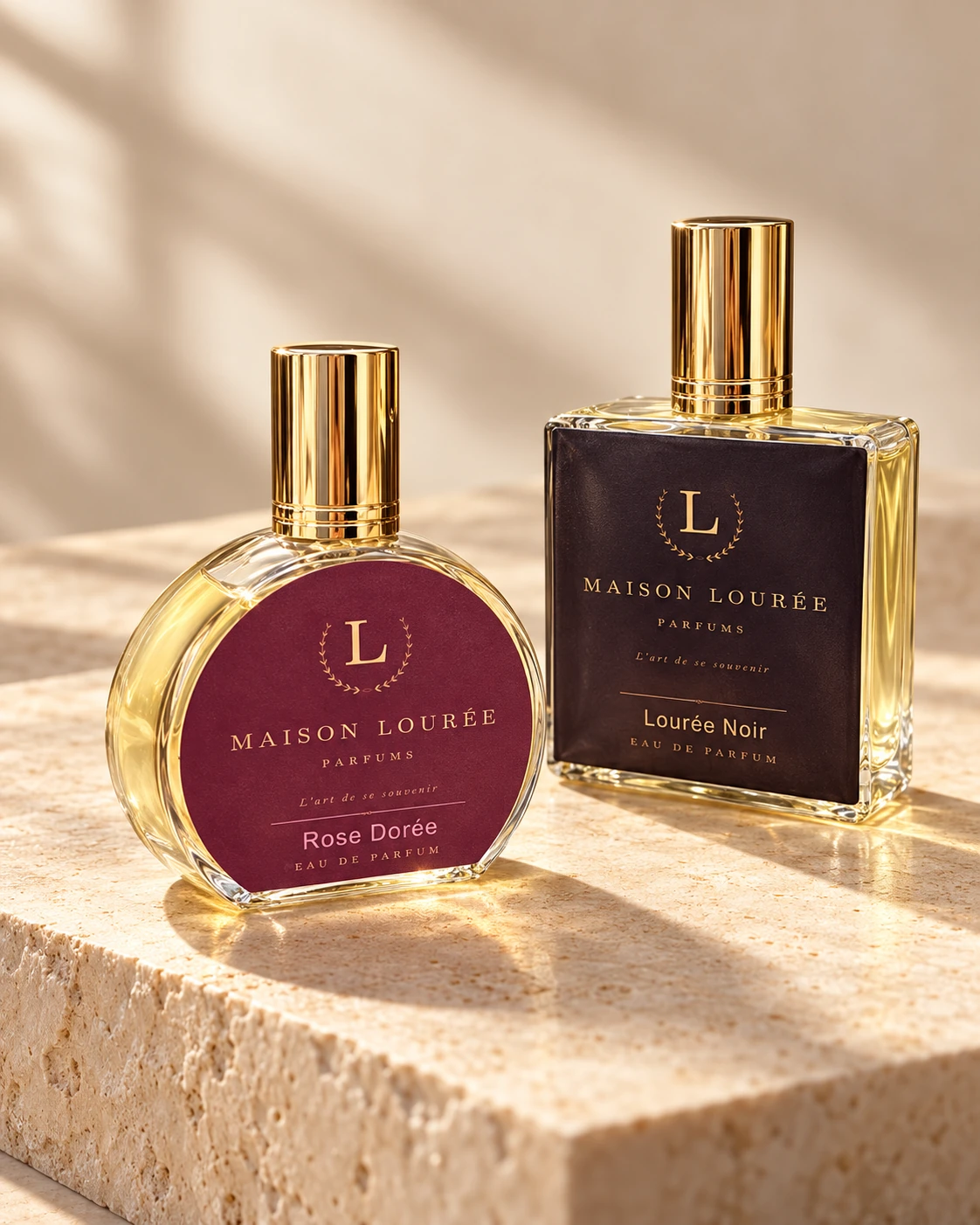 Os dois perfumes Maison Lourée sobre pedra clara, sob luz de sol