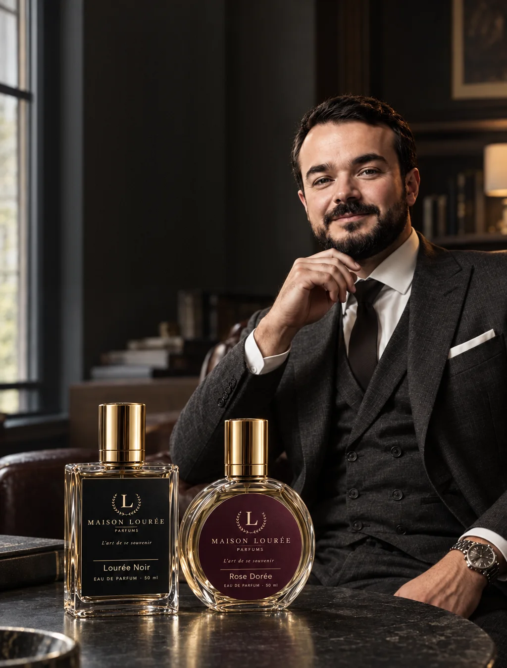 O fundador da Maison Lourée sentado numa biblioteca, com os perfumes Lourée Noir e Rose Dorée sobre a mesa